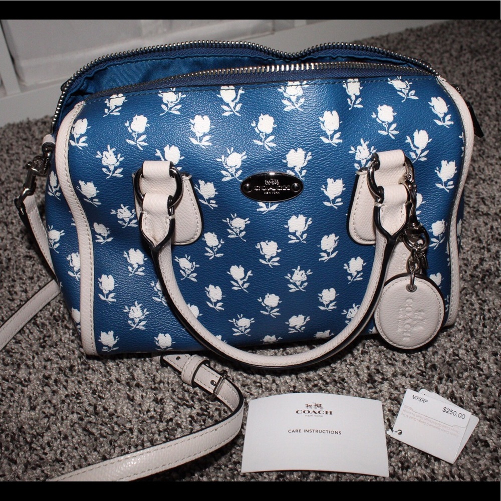Blue and white patterned Coach bag